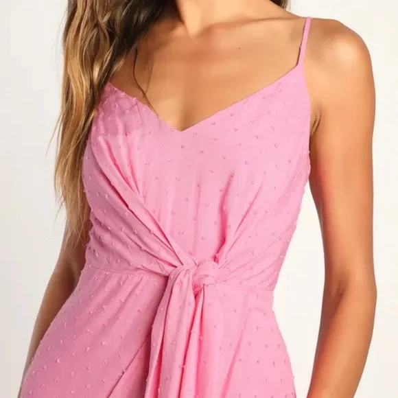 NWT Pink Swiss Dot Tie-Front Tulip Midi Dress - Picture 4 of 5